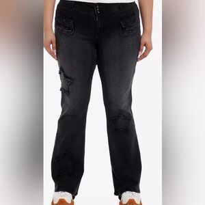 Hot Topic Black frayed  Star-Appliqué patch Flare Jeans plus size 16.